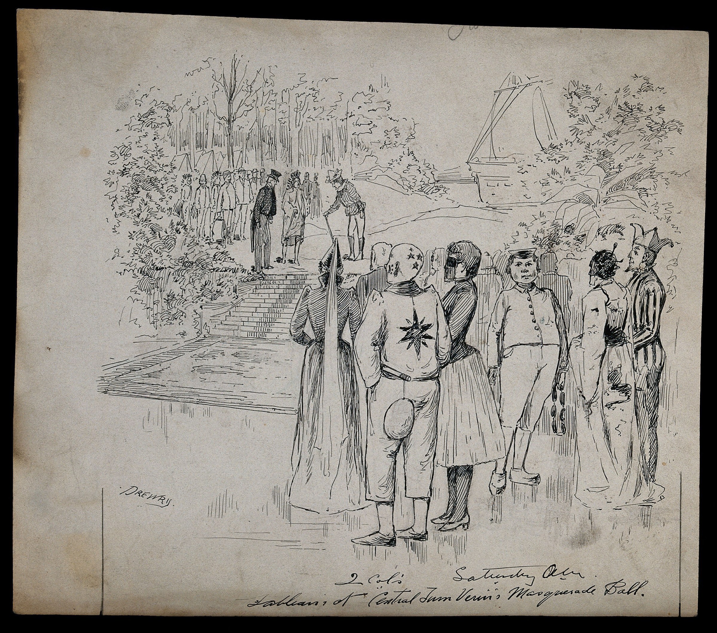 Pen-and-ink drawing of masked figures in elaborate 18th-century costume assembled in a waterside garden before stone steps, with a crowd gathered above.