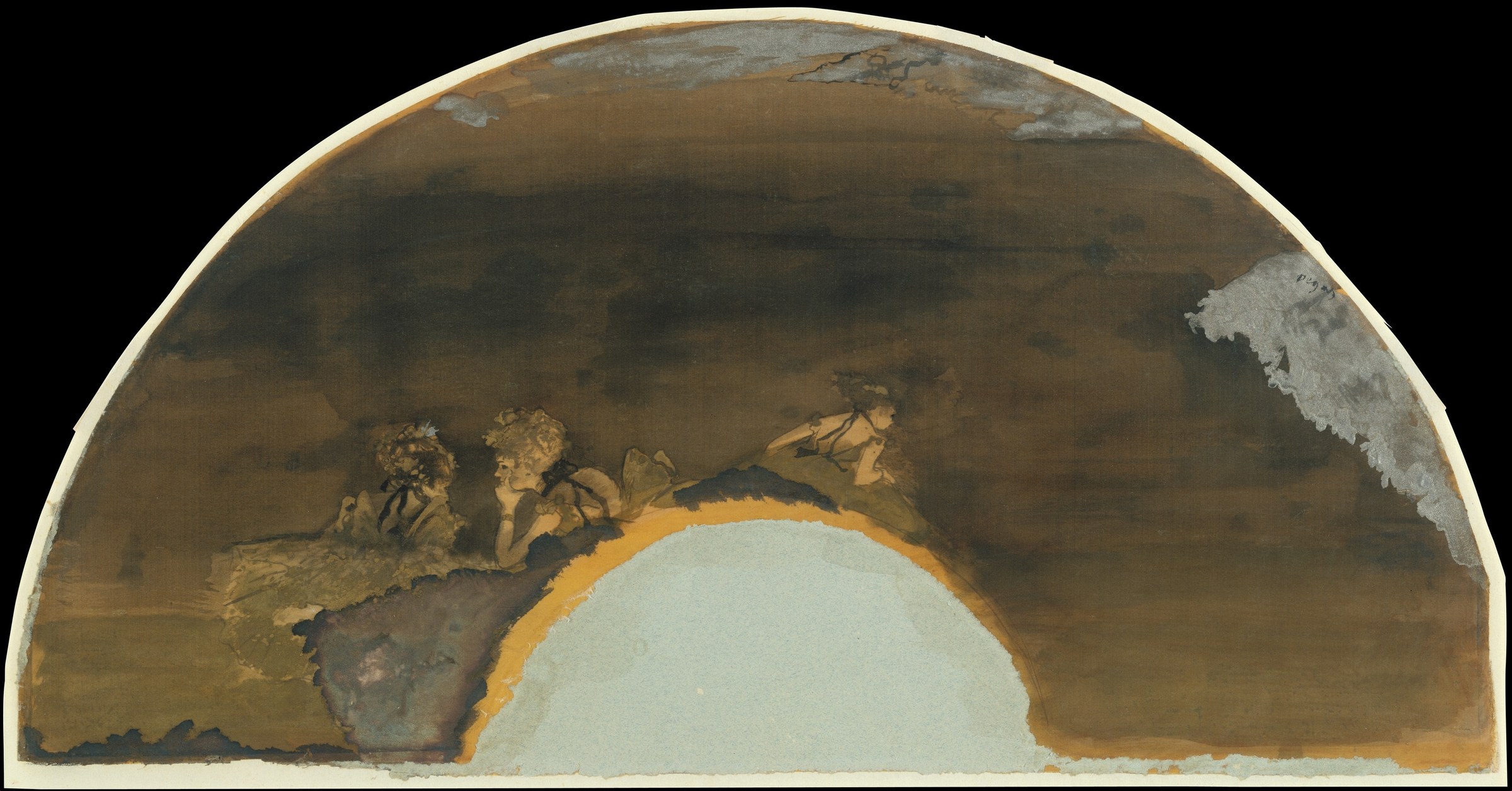 Three winged figures posed in ballet positions on a moonlit ledge, rendered in watercolor with a glowing golden halo.
