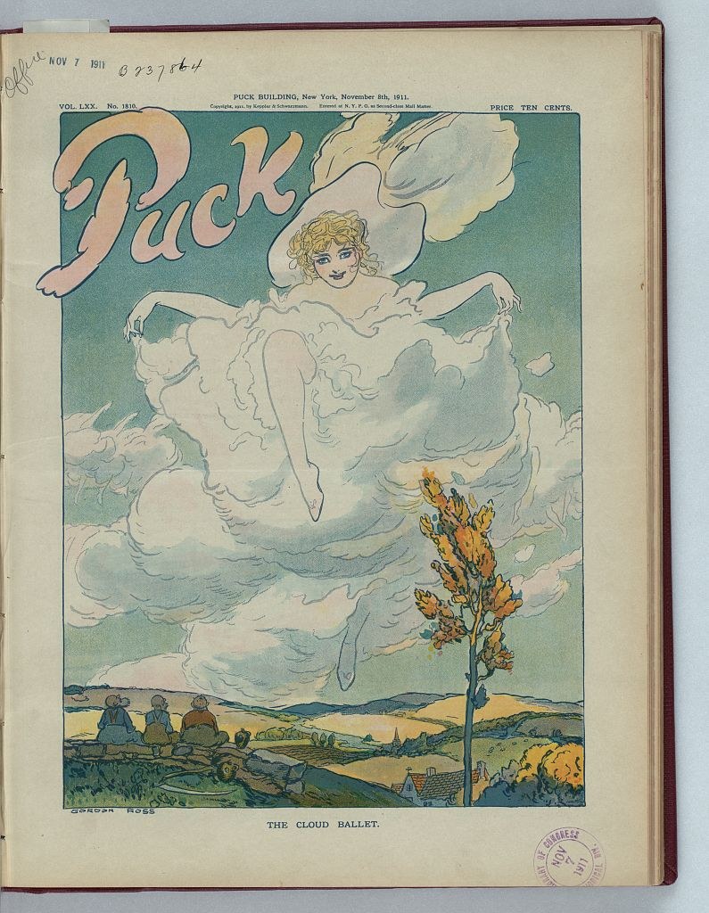 A woman's pale body emerges from swirling clouds in soft greens and grays, arms outstretched. A rural autumn landscape with a golden tree lies below.