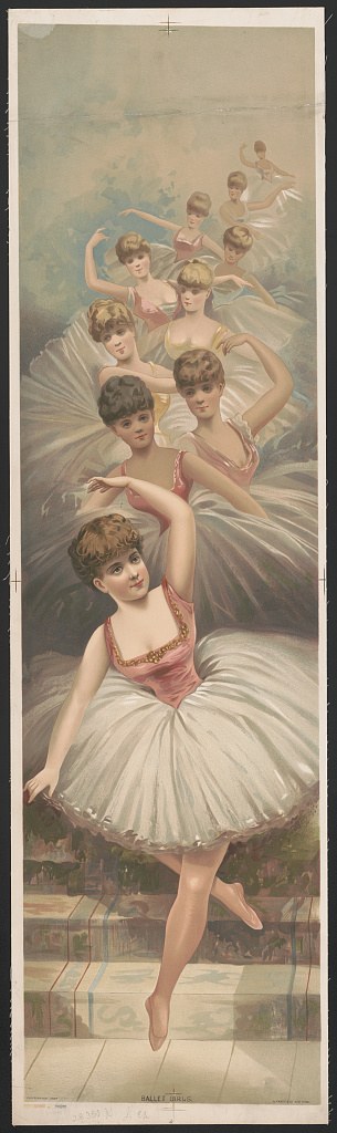 Multiple female ballet dancers in white tulle skirts and pink bodices arranged diagonally receding into misty background, all in identical classical poses.