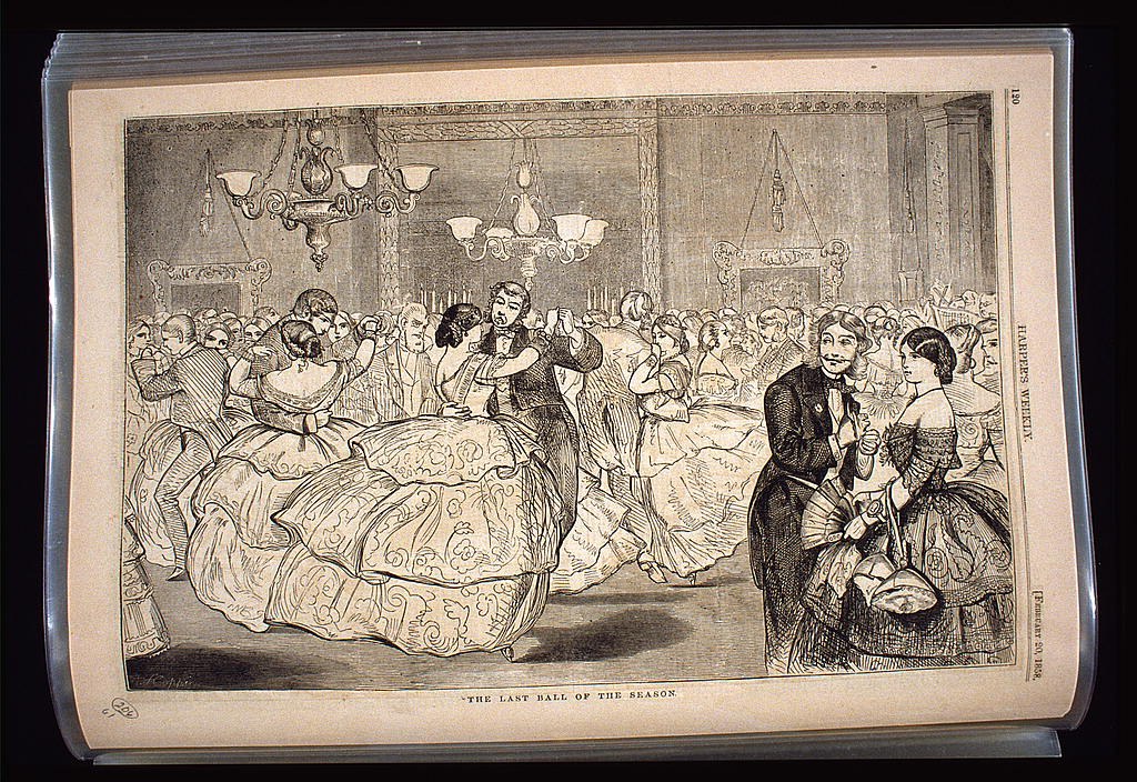 Crowded Victorian ballroom with formally dressed couples dancing beneath chandeliers, women in crinolines, men in dark coats, captured in a wood engraving.