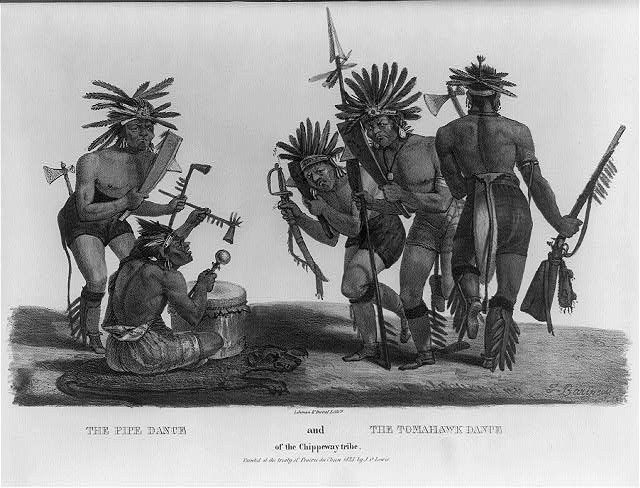 Engraving showing two groups of bare-chested male dancers with feathered headdresses; left figure holds pipe in formal pose, right group holds raised weapons