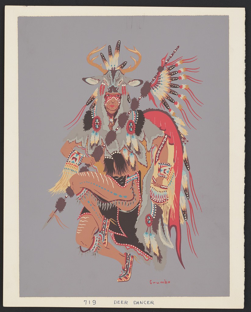 Frontally posed figure in Yaqui Deer Dance regalia with branching antlered mask, layered furs, feathers, beads, and hanging red cloth against a lavender ground.