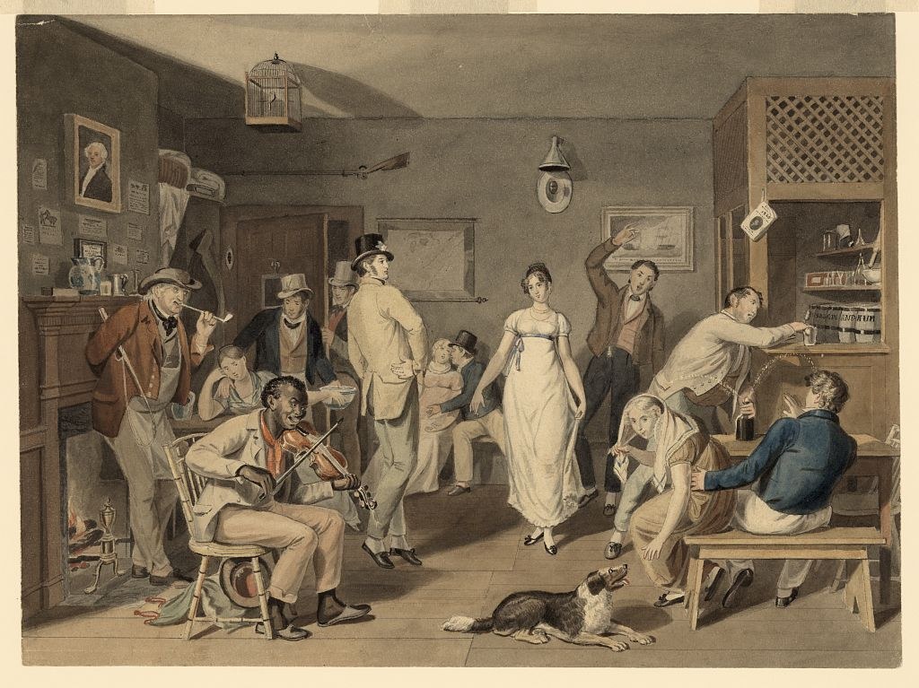 Hand-colored engraving of a crowded parlor with a fiddler and dancing couple surrounded by onlookers in Regency-era dress, circa 1820.