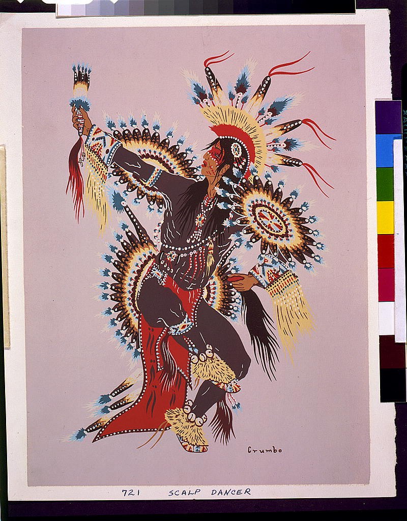A Native American dancer in elaborate regalia with feathered headdresses, beadwork, and ribbons, posed in an uplifted, radial composition against a mauve
