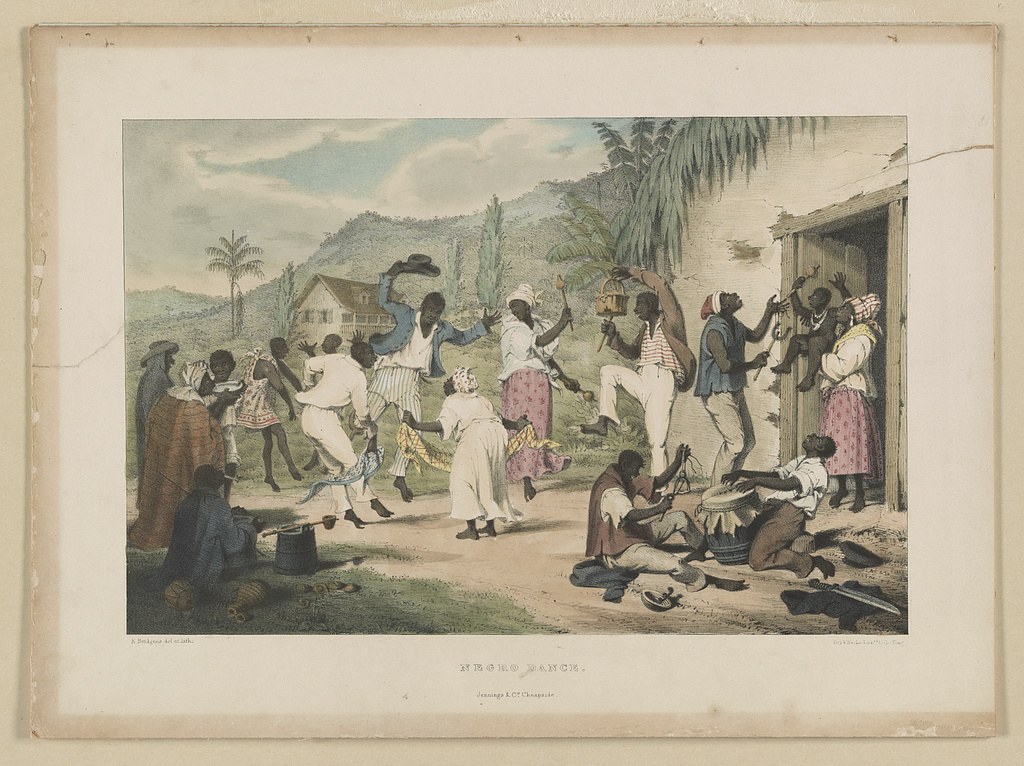 Hand-colored engraving of African diaspora people dancing and making music in a tropical village, with figures in dynamic motion around seated drummers.