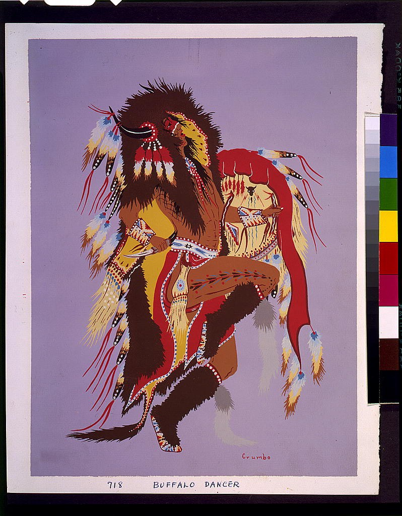 Pawnee dancer in buffalo hide costume with dark brown fur, spiked headdress, red face paint, and beaded ornaments, standing in a wide-legged ceremonial stance