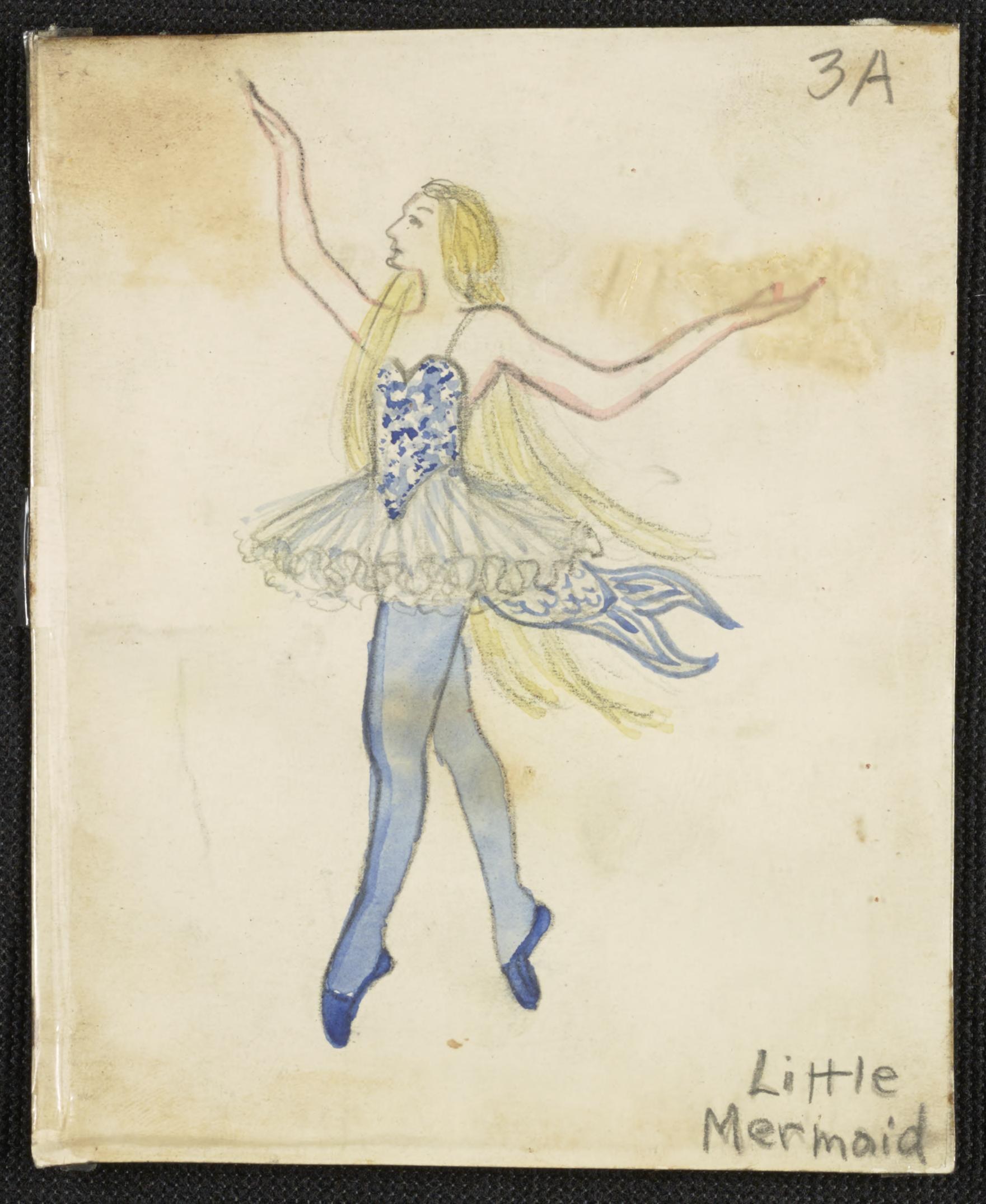 Watercolor sketch of a blonde female dancer in a blue and white ballet costume with wings, jumping en pointe.