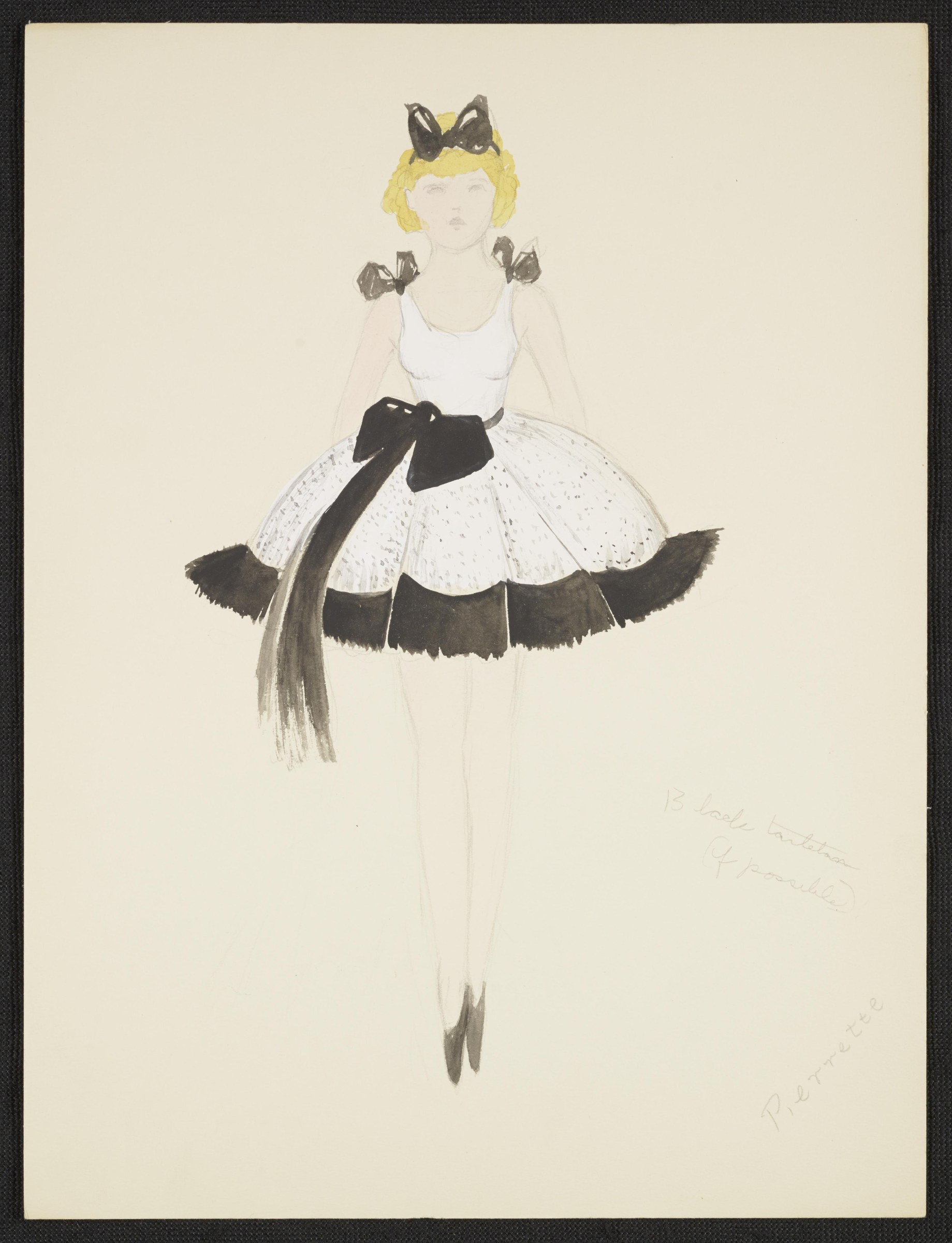 Costume design sketch for a Pierrette character: a figure in a white tiered tutu with black hem, black shoulder bows, and a large black headbow, holding a