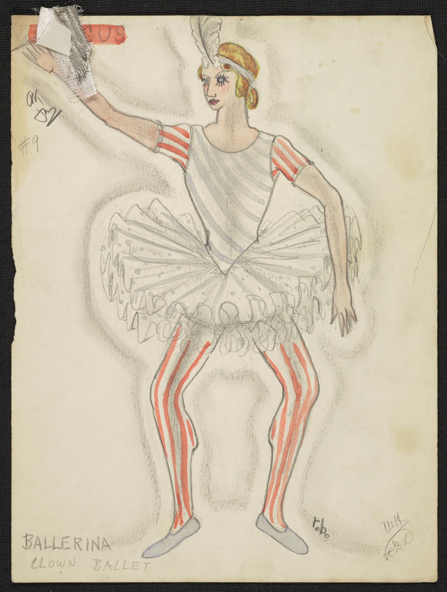 Colored pencil costume sketch of a clown ballerina with exaggerated makeup, striped stockings, tulle skirt, and playful pose.