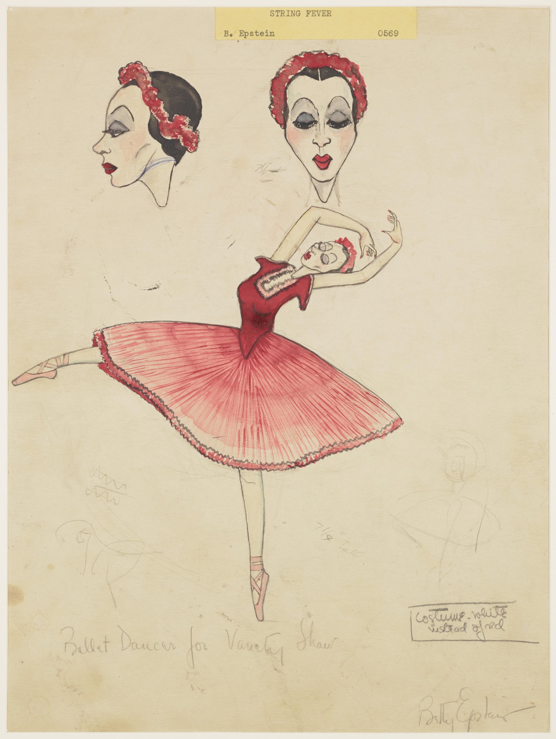 Costume design sketch showing a ballet dancer in three views: profile and frontal head studies, and full-length figure in a red tutu on pointe, with red flower