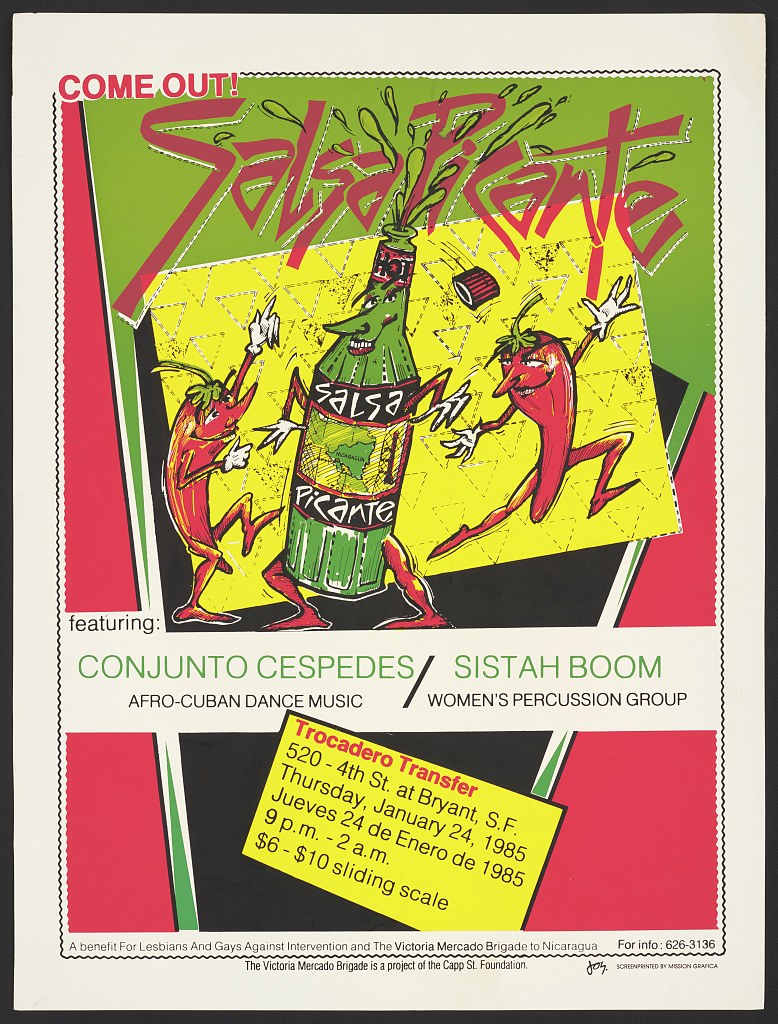 Three cartoon red chili peppers with white gloves dance around a green salsa bottle on a yellow background, with the title Salsa Picante in magenta letters.