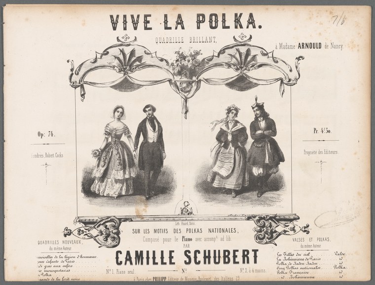 A lithograph of two dancing couples in Victorian ball dress, framed by ornamental borders, titled 'Vive la Polka.'
