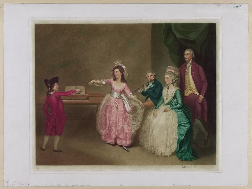 A young woman in pink silk with raised arm stands in a formal drawing room before a keyboard, observed by four other figures in expensive dress.