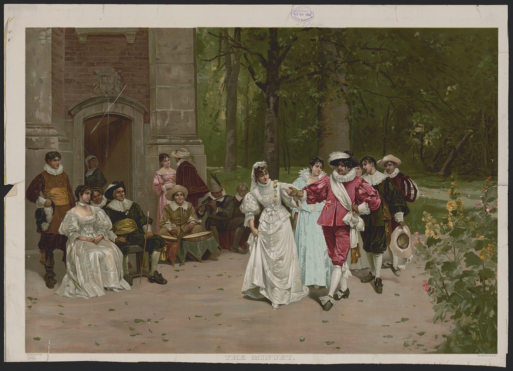 Formally dressed couples dance a minuet in a sunlit courtyard, watched by onlookers in jewel-toned silks and plumed hats.