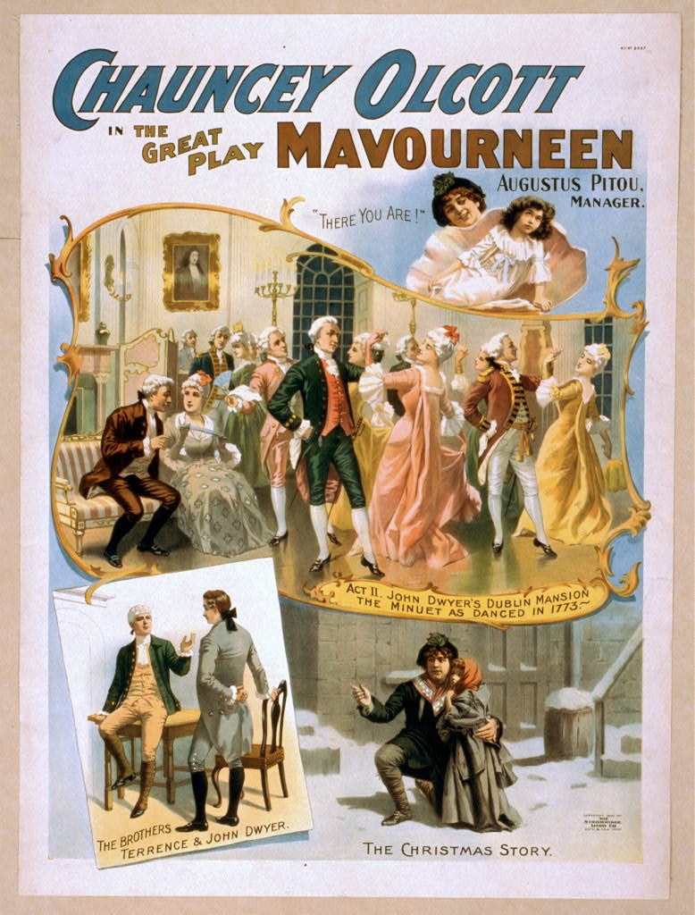 Theatrical poster showing a crowded ballroom scene in 18th-century dress with formally posed dancers and elegantly dressed couples in a drawing room.