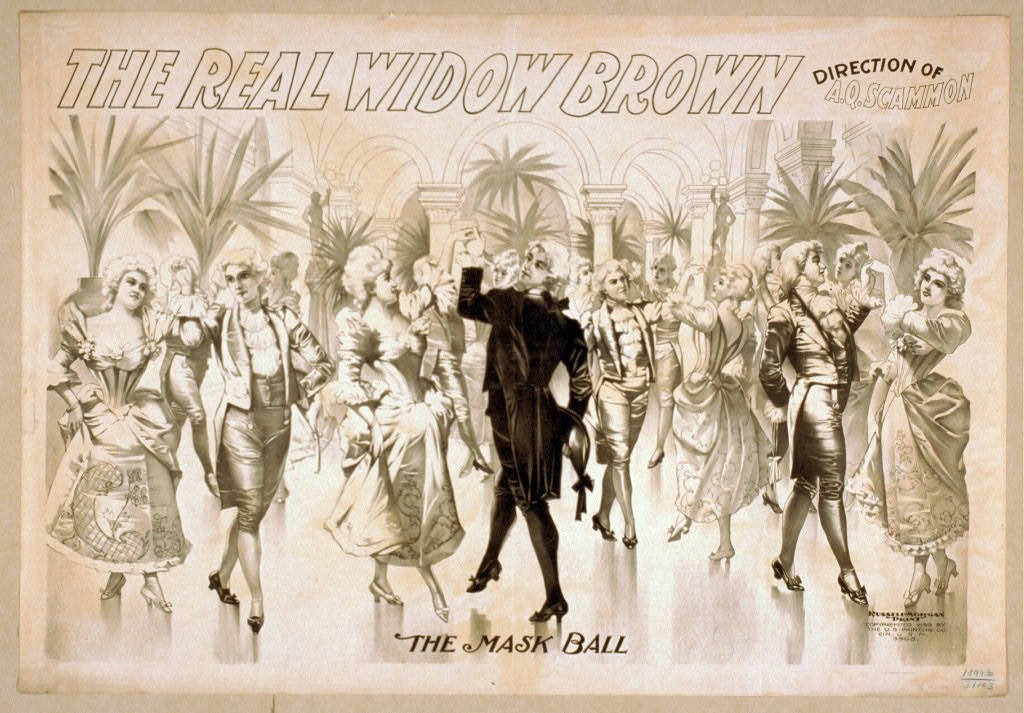 Sepia-toned lithograph of a masquerade ball in an ornate neoclassical ballroom, with elegantly dressed guests in 1890s attire; a single figure in black costume