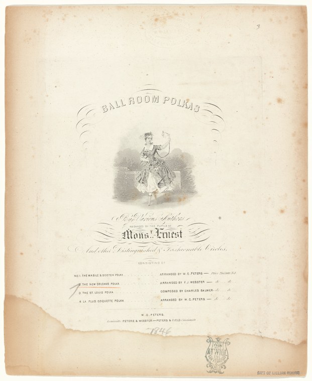 A woman in a full-skirted ball gown captured mid-polka turn, her skirt flared and one arm raised in animated movement.