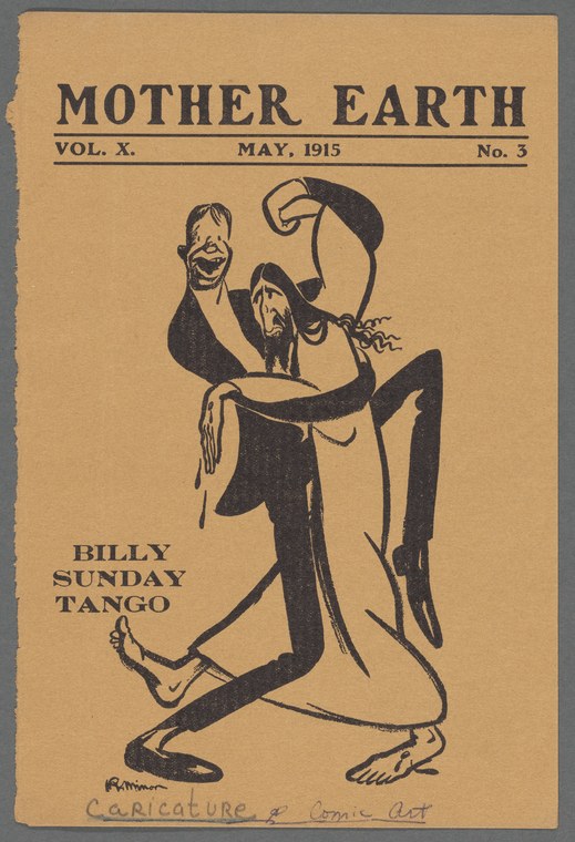 Satirical pen-and-ink caricature of a two-headed figure in an exaggerated backward arch, titled Billy Sunday Tango.