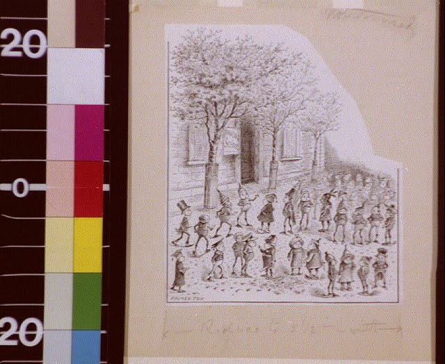 Fine engraving of dozens of small figures gathered under bare trees in front of an arched building, titled The Brownies' Dancing School.