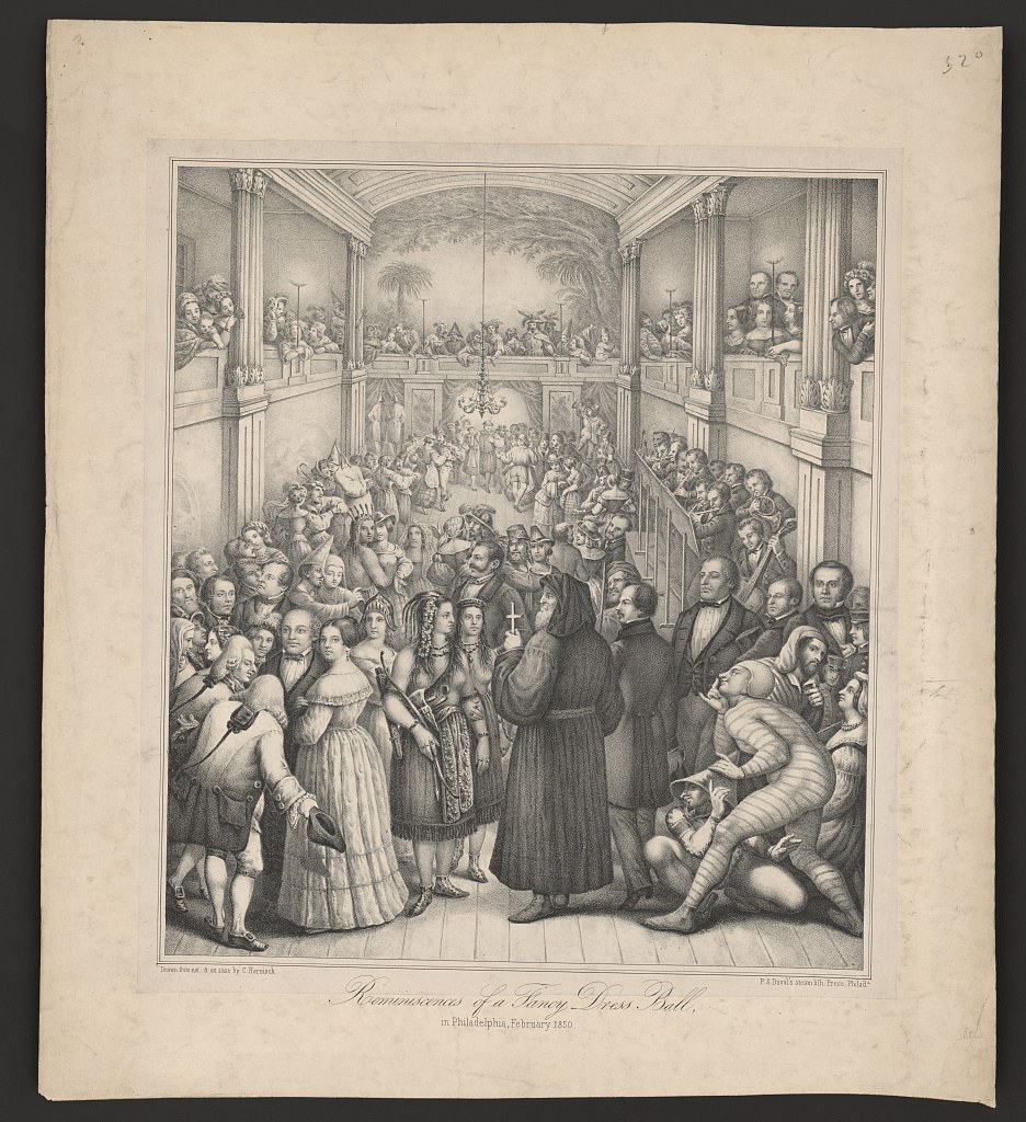 A densely crowded ballroom scene with hundreds of figures in 1850s formal dress across three levels of a columned hall.