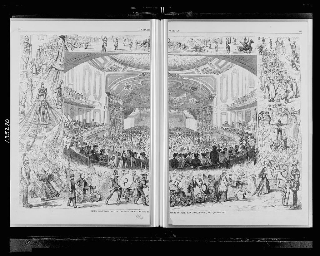 Engraving of a crowded masquerade ball with costumed dancers in a grand ballroom; formal dancers in the center, spectators and musicians surrounding.
