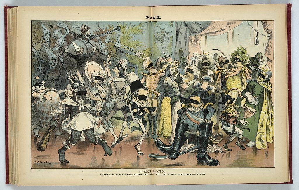 A crowded, chaotic ballroom scene in hand-colored engraving: men in tailcoats and women in elaborate gowns dance, collide, and embrace in exaggerated disarray.