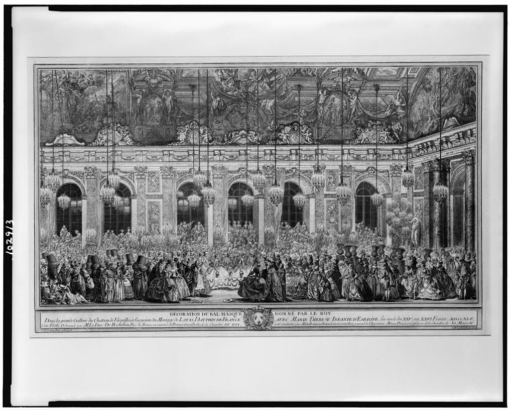 Engraving of crowded ballroom with masked dancers in 18th-century court dress, chandeliers overhead, and arched windows in formal palace interior.