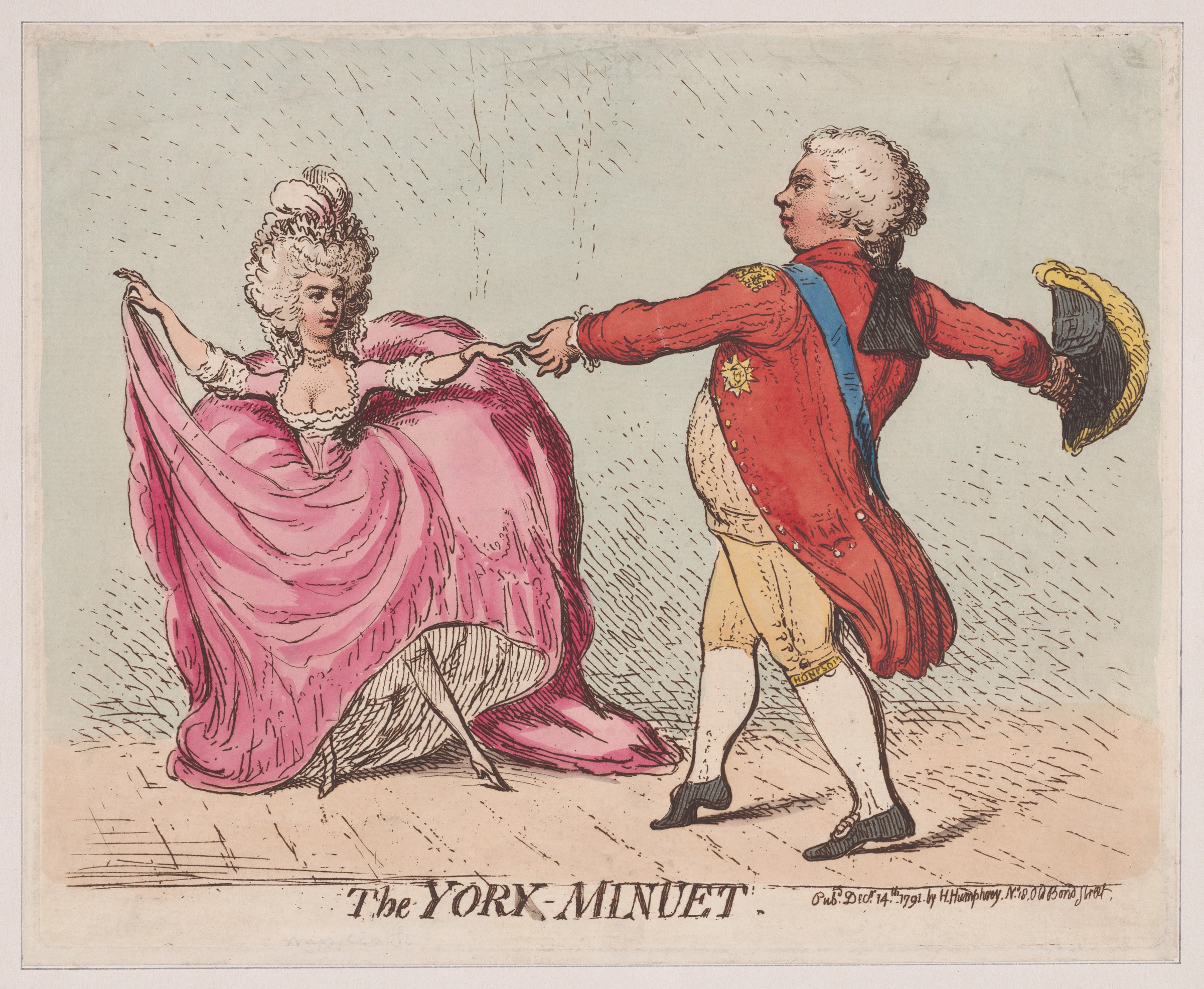 A man in a red military coat extends his arm toward a woman in a pink silk gown in a formal minuet greeting.