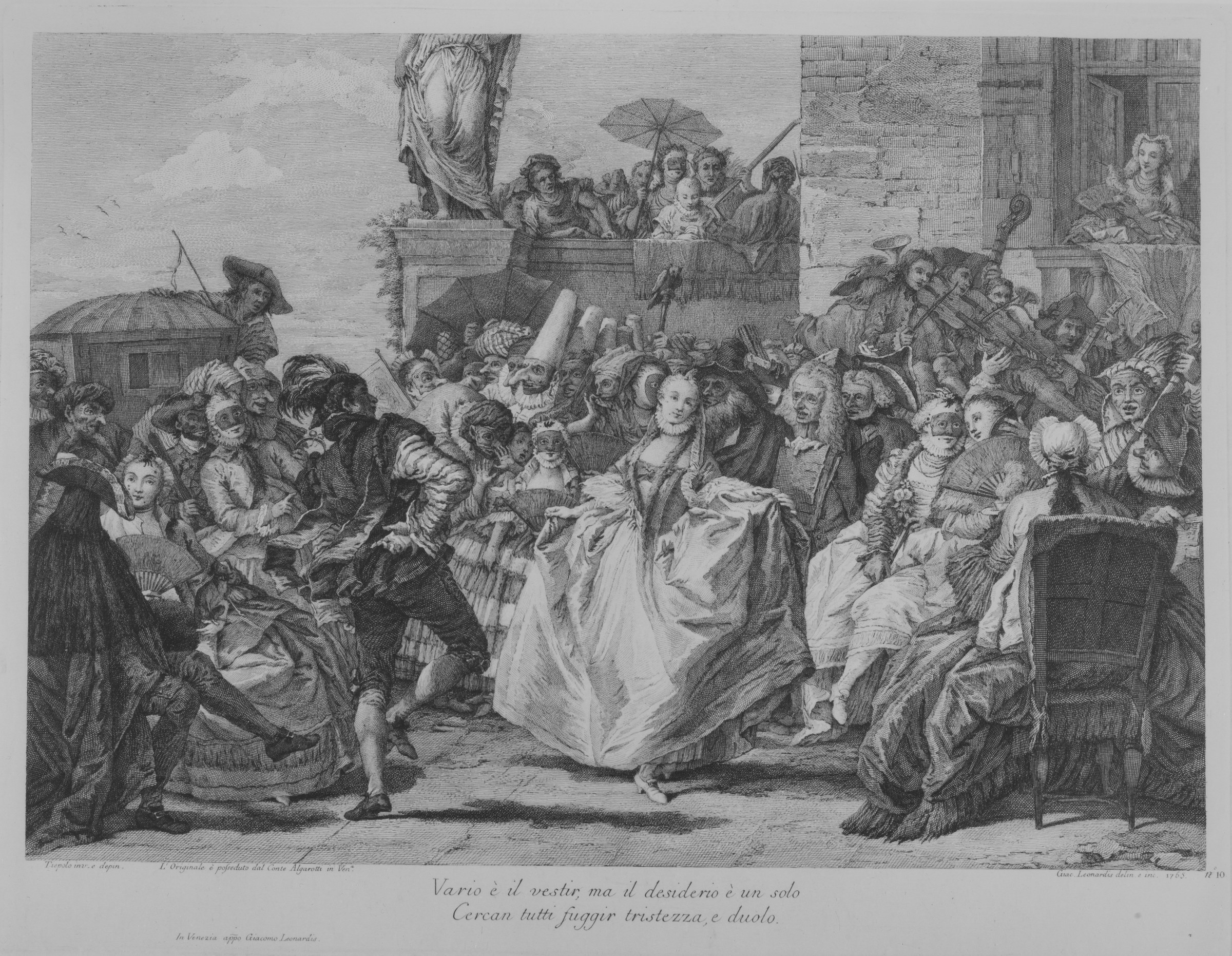 Engraving: a woman in white dances the minuet in an 18th-century Italian piazza surrounded by aristocratic spectators.