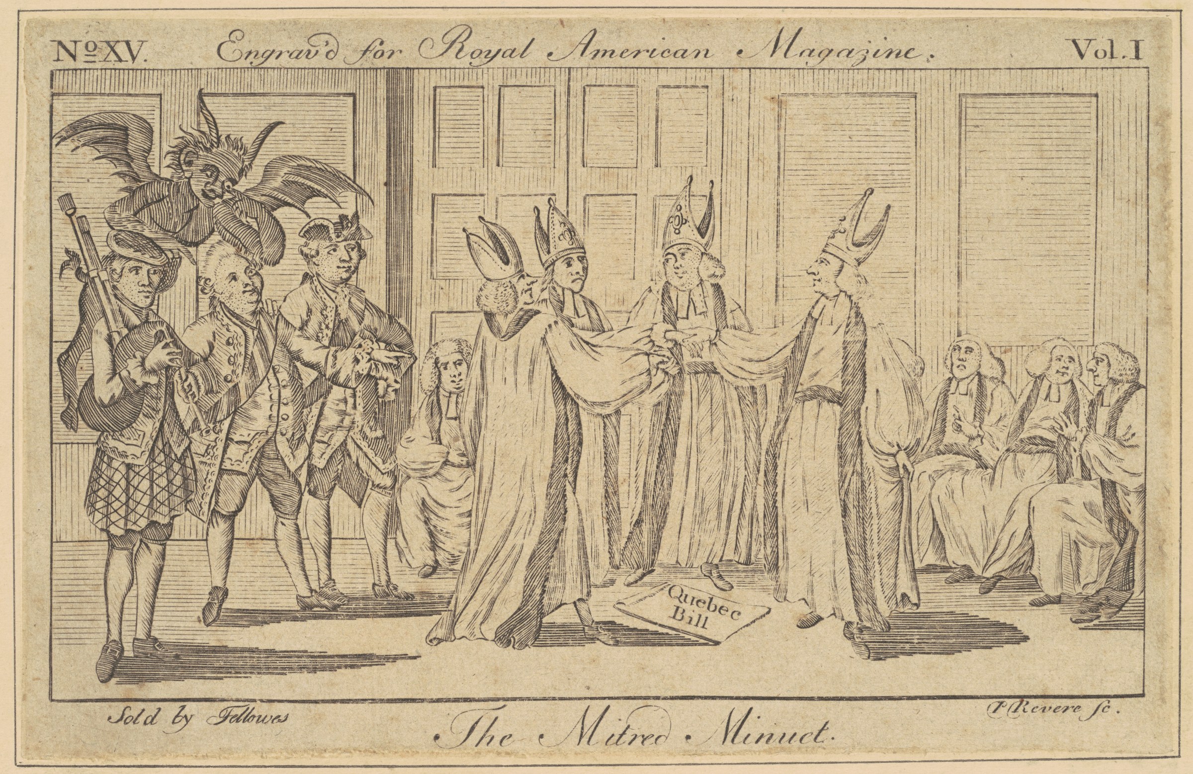 A line engraving showing four grotesquely robed, mitred figures attempting an exaggerated minuet while military and civilian observers watch from either side.