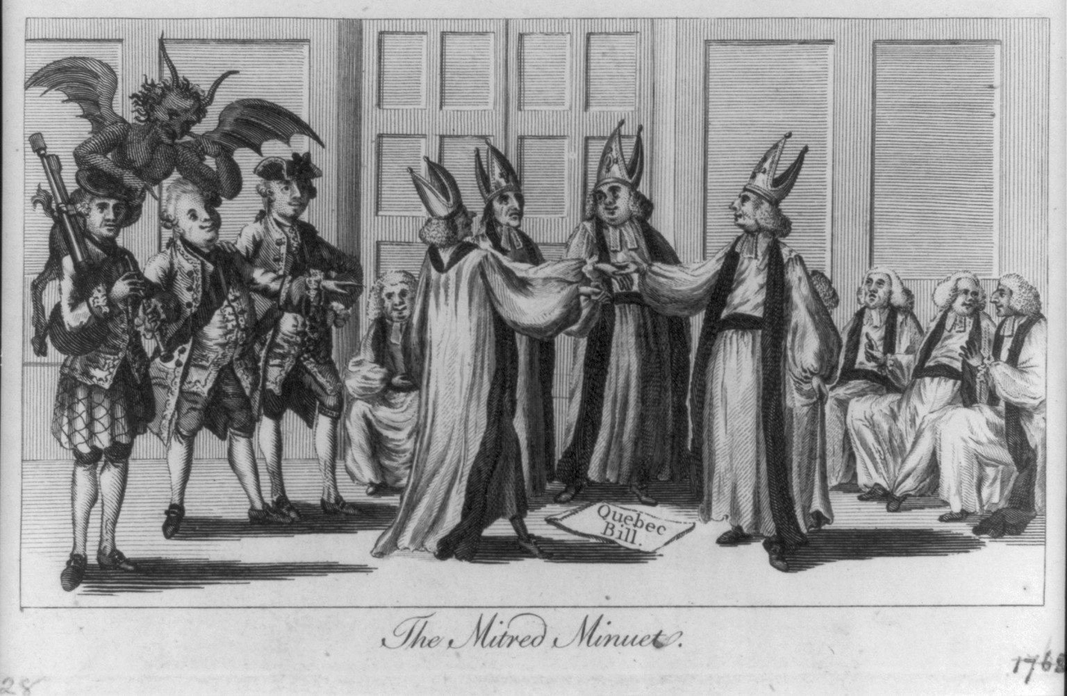 Four Anglican bishops in mitres and vestments dance in a circle around a document labeled Quebec Bill while a devil hovers above, bagpipes play, and onlookers
