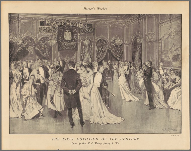 Formal ballroom scene with multiple couples in white gowns and tailcoats dancing the cotillion in an ornate interior, circa 1901.