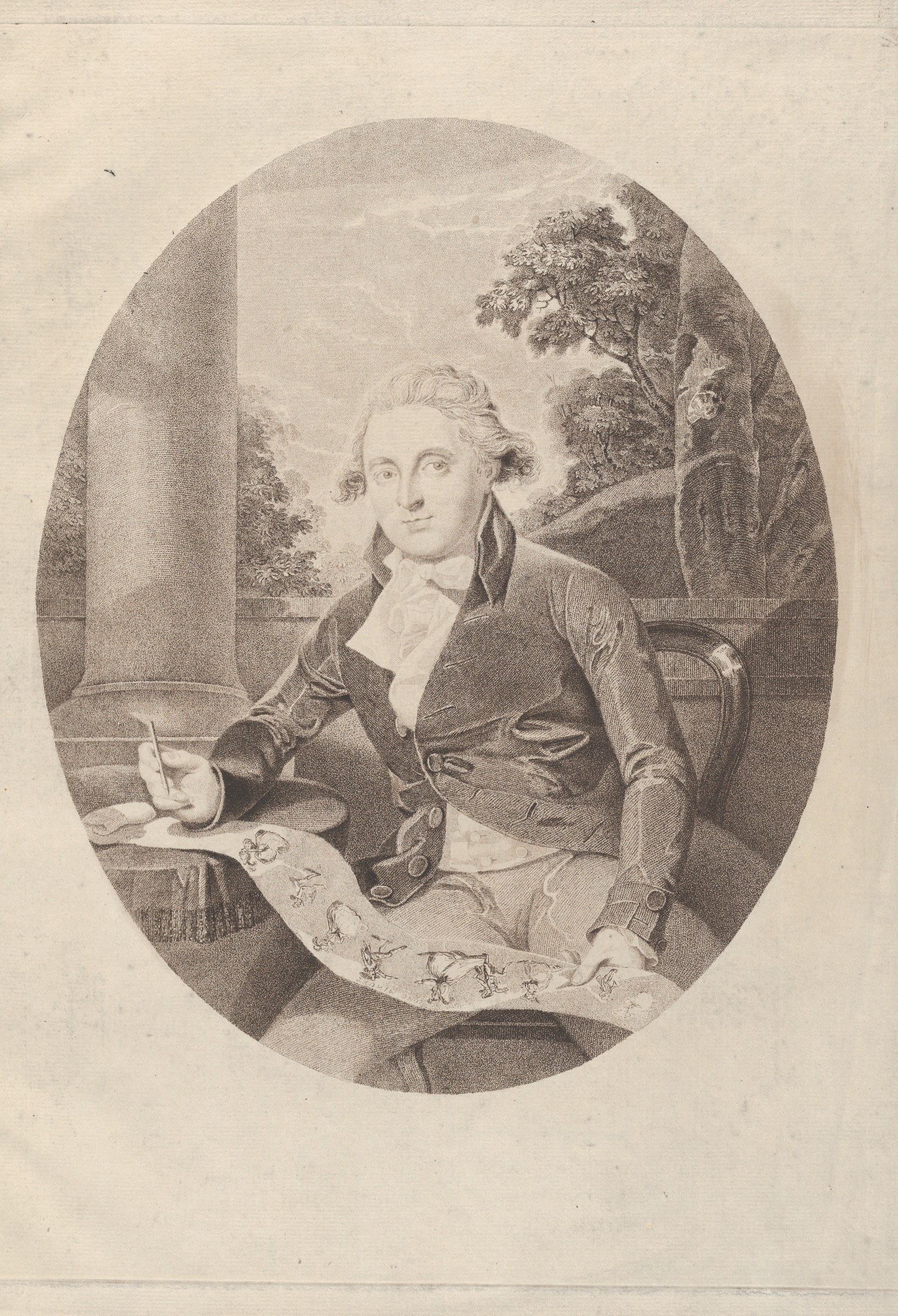 A gentleman in late-eighteenth-century dress sits in an interior, sketching small figures of dancers on a sheet of paper held across his lap.