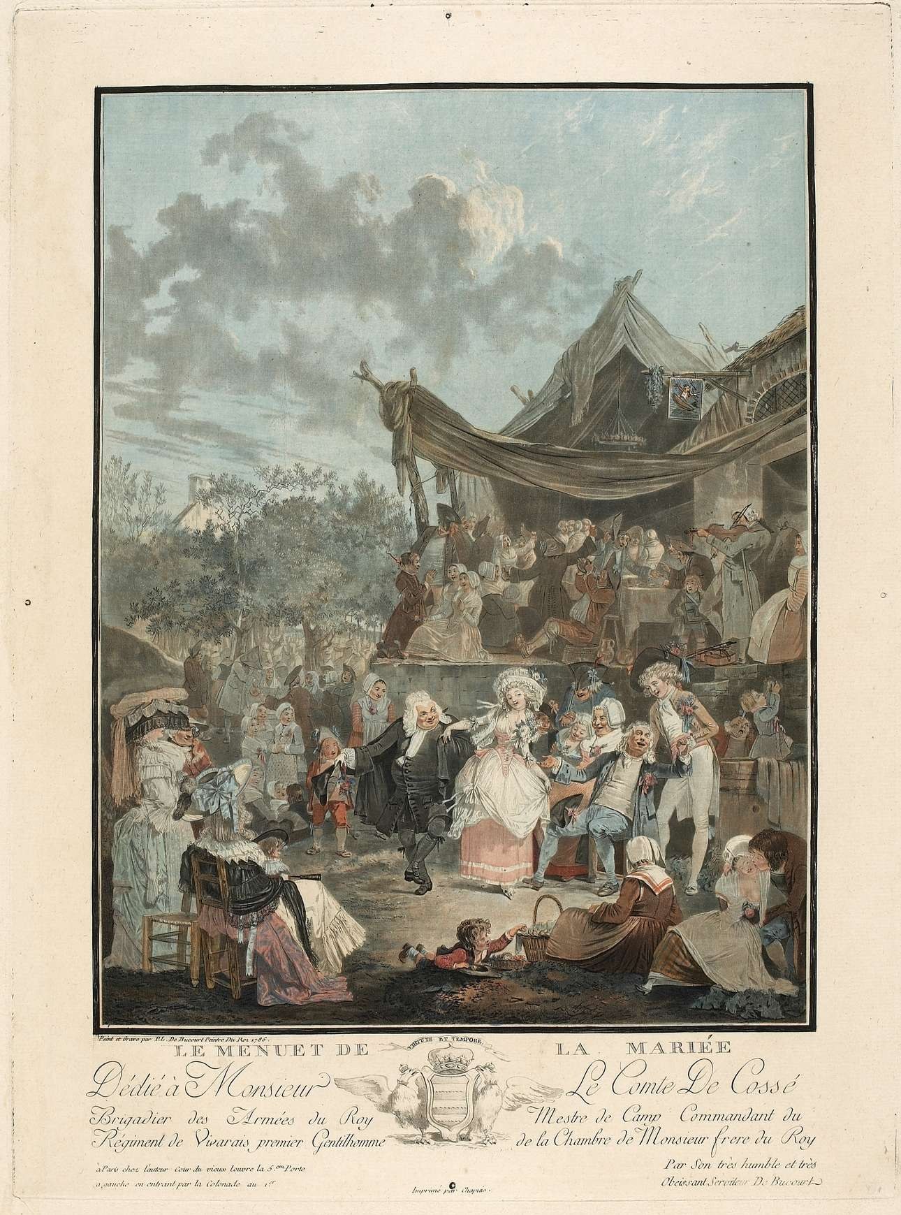 Hand-colored engraving showing a couple in 18th-century dress dancing the minuet in formal posture at a wedding feast, watched by aristocratic guests.