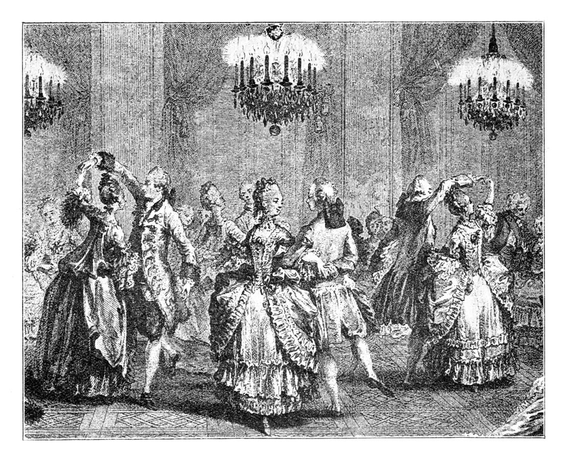 A formal ballroom scene with multiple dancers in 18th-century court dress arranged in an open formation beneath ornate chandeliers.