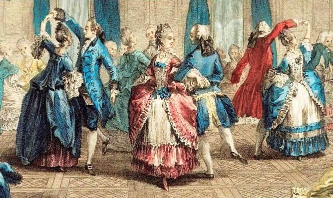 A hand-colored engraving of a 1770s ballroom with twenty figures in formal dress, the center woman in pink silk surrounded by gentlemen in coats.