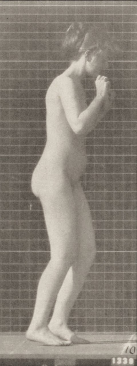Nude woman standing in profile with left arm raised near head, right arm at waist, against gridded background with reference plate number.
