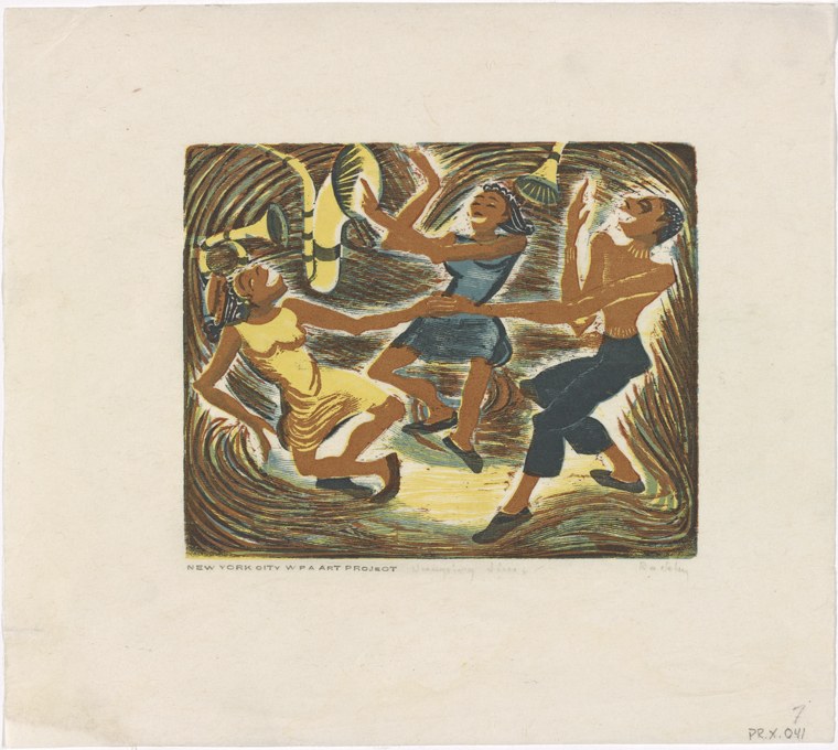 Four brown-skinned dancers in dynamic poses against an abstract striped background, rendered in woodblock print style.