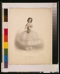 Lithograph of a young woman in a mid-19th-century ballet tutu and flower crown, standing en relevé with graceful arm positions.