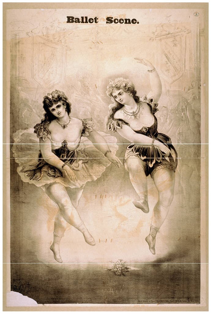 Two female ballet dancers in tutus leap upward in a cloudscape, arms extended, captured mid-jump in a hand-coloured engraving.