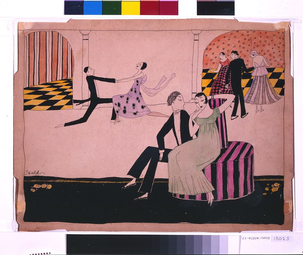 Stylized Art Deco ballroom scene: man in tails lunges deeply while holding a woman in pale gown with polka-dot overlay; other couples dance and converse in