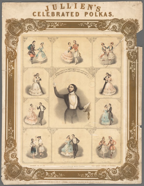 Twelve lithographed vignettes showing couples in formal dress dancing the polka around a central male figure with raised arm