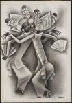Two Balinese Legong dancers in ornate costume and headdress, arms raised in precise angular gestures, printed engraving.