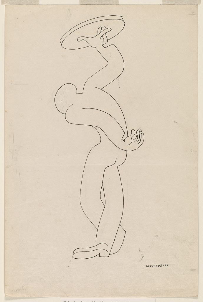 Pen sketch of a contorted male figure balancing a large circular tray overhead while in an extreme backbend.