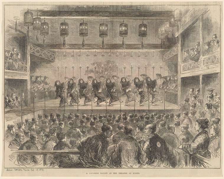 Engraving of synchronised dancers in dark robes on a Kyoto theatre stage, surrounded by a packed Victorian-era audience in balconies.