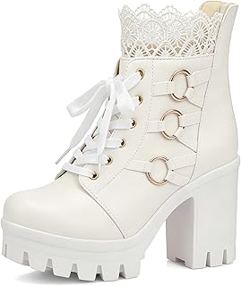 Platform Combat Boots Goth Platform Boots Chunky Heel Ankle Booties for Women Punk Buckle Gothic Boot with Zipper Lace Up Round Toe Dress Shoes Black/White