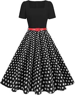 50s Style Dresses for Women Vintage Short Puff Sleeve Square Neck Swing Dress Cocktail Prom Dress with Belt