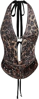 Women's Cheetah Print Sequin Top Y2K Tie Back Corset Halter Going Out Crop Tops